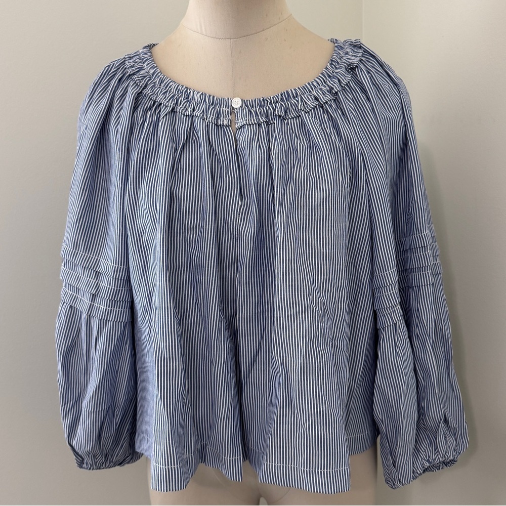 NEW Max Studio XS Blue White Stripe 3/4 Puff Sleeve TOP Peasant Preppy Nautical